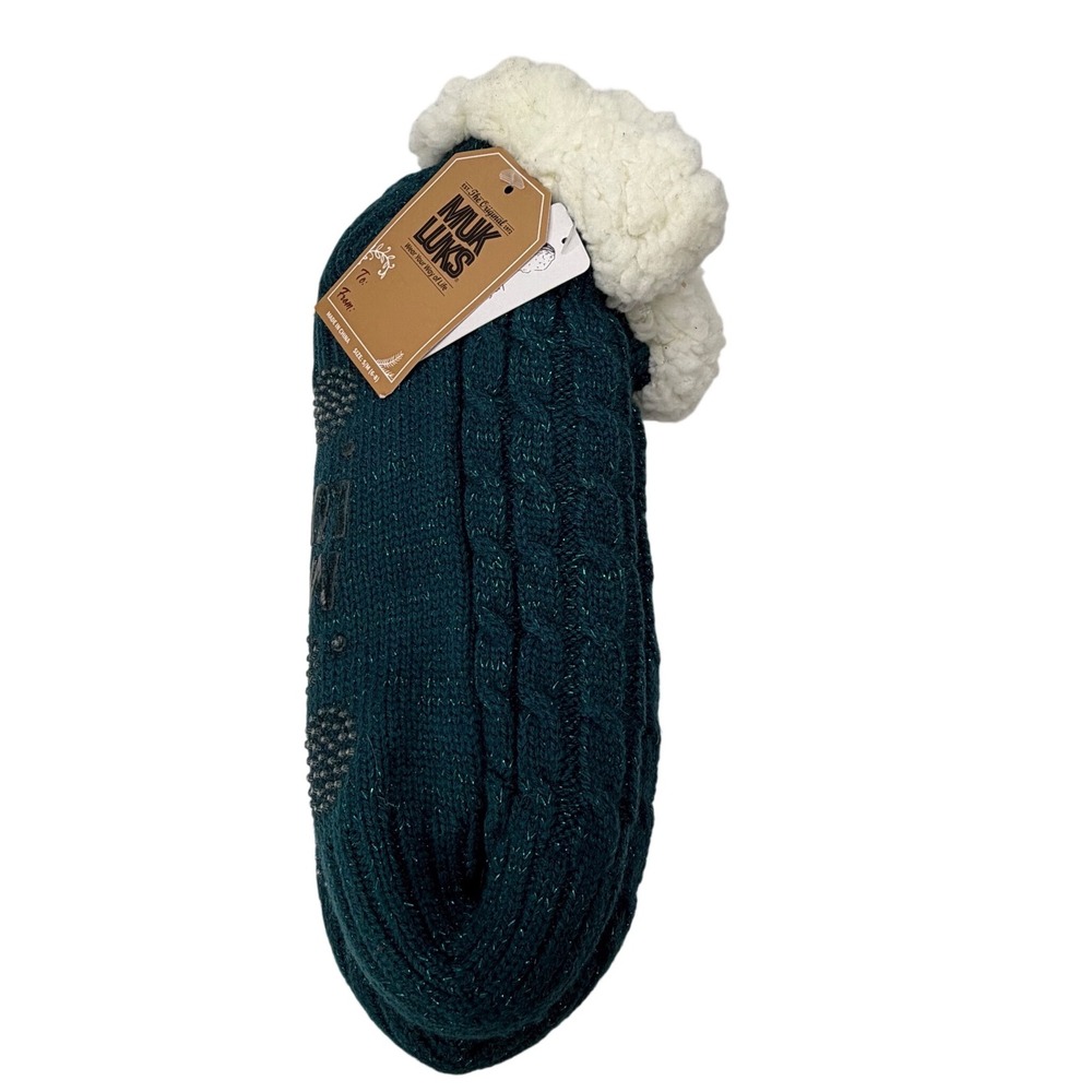 MUK LUKS Womens Teal Cable Knit Shea Butter Infused Slipper Socks SM 6-8 NEW